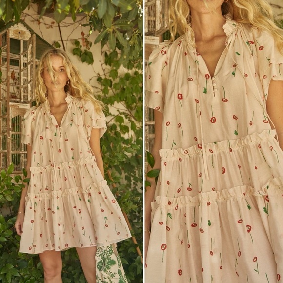 Hunter Bell Merritt Mini Dress Cream Cotton Silk Tiered Flutter Feminine L NWT - Picture 14 of 14